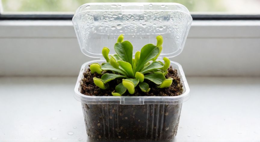 como sembrar venus atrapamoscas, Joven planta de Venus Atrapamoscas en una cámara de propagación transparente
