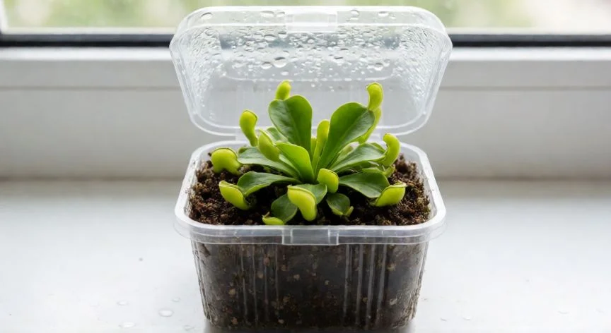 como sembrar venus atrapamoscas, Joven planta de Venus Atrapamoscas en una cámara de propagación transparente