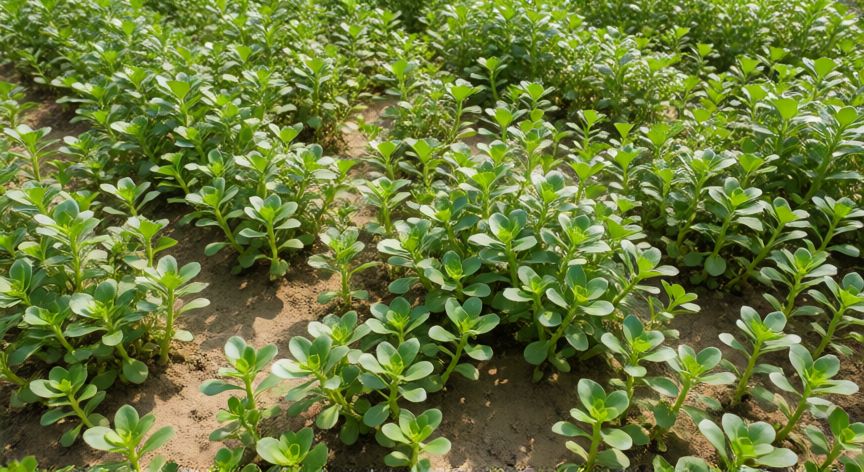 como sembrar verdolaga, Plántulas de verdolaga germinando en suelo arenoso bajo el sol