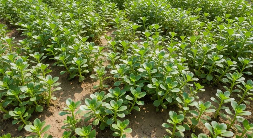 Plántulas de verdolaga germinando en suelo arenoso bajo el sol