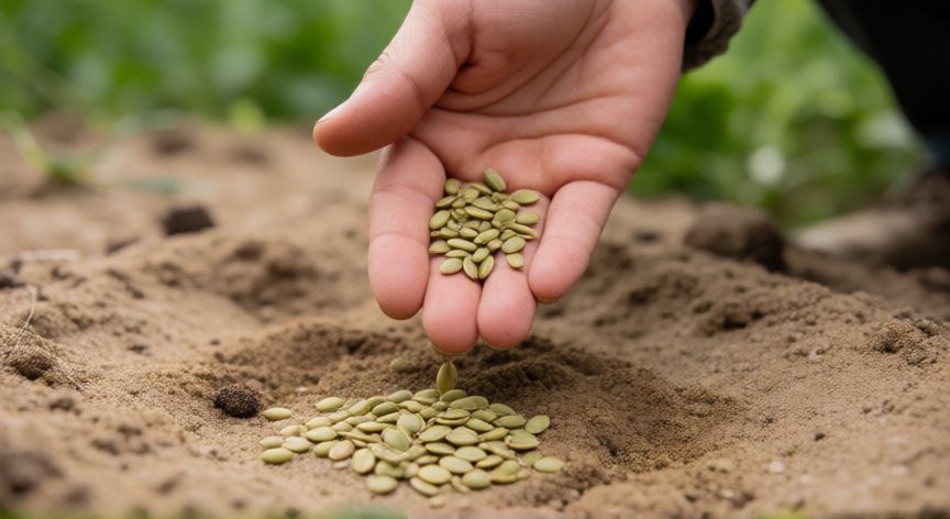 como sembrar verdolaga en tierra, Mano esparciendo semillas de verdolaga sobre tierra preparada en el jardín