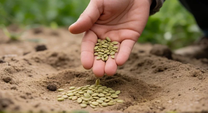 Mano esparciendo semillas de verdolaga sobre tierra preparada en el jardín