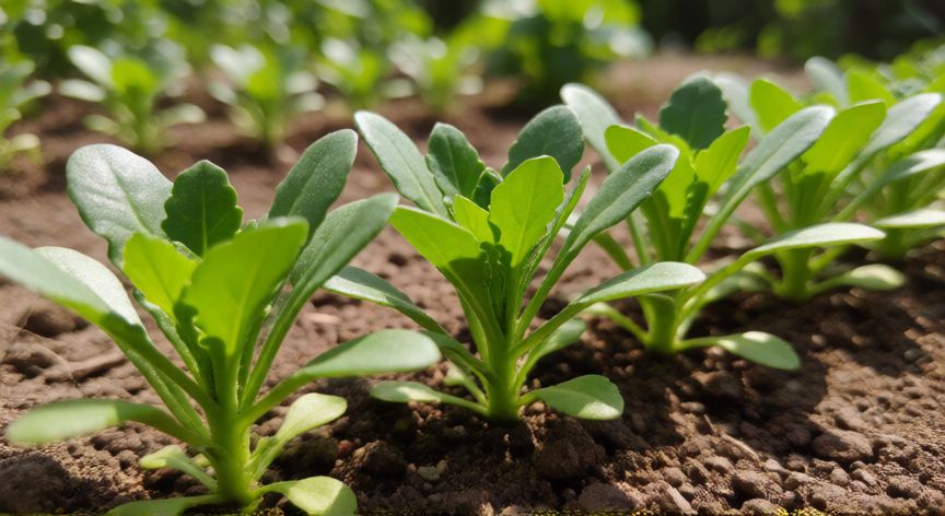 como sembrar verdolaga en tierra, Brote joven de verdolaga con hojas carnosas creciendo en la tierra del jardín