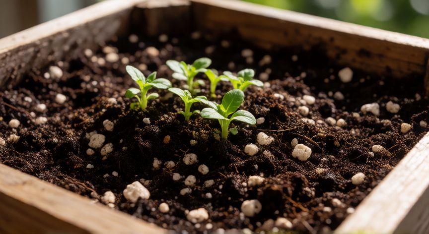 como sembrar verduras en casa, Sustrato rico con perlita y humus en maceta de madera con brotes verdes