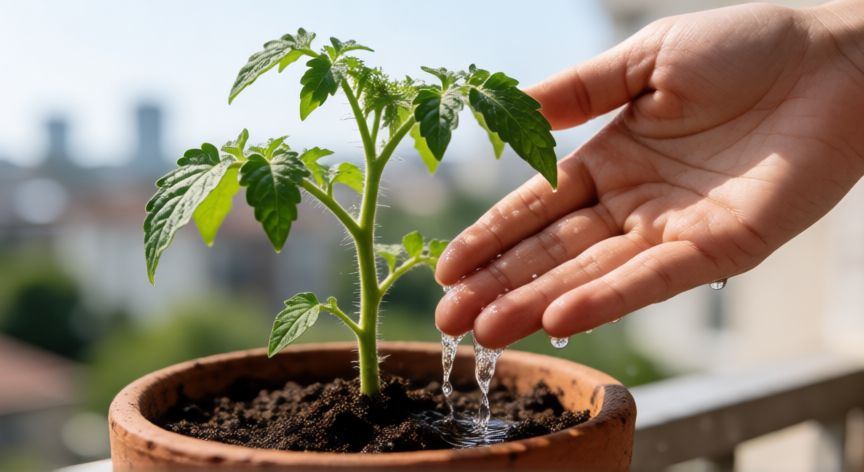 como sembrar verduras en casa, Manos regando una planta de tomate en maceta de terracota en un balcón soleado