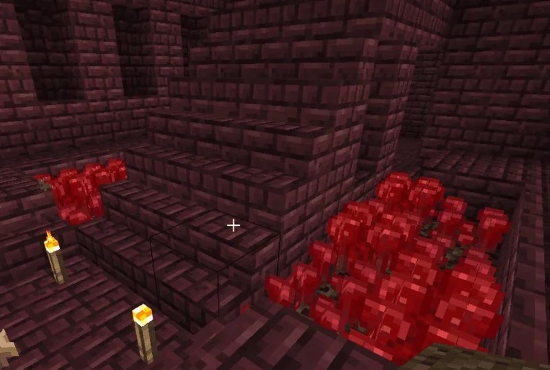 como sembrar verruga del nether, Jugador cosechando verrugas del nether en un jardín de arena de almas de una fortaleza