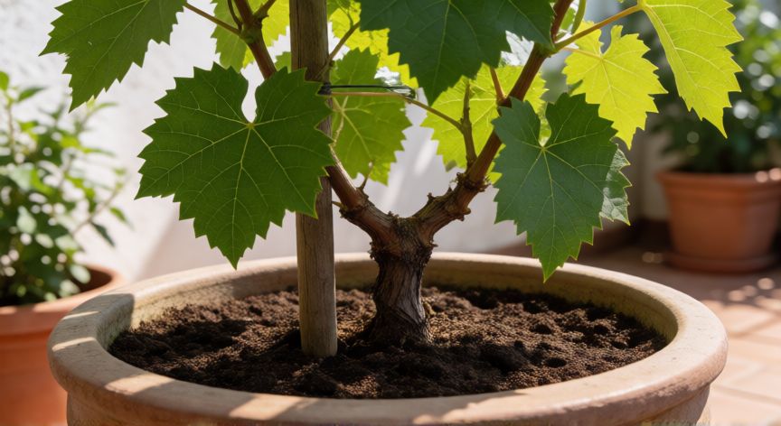 como sembrar vid en casa, Joven planta de vid en maceta con tutor de madera y punto de injerto visible