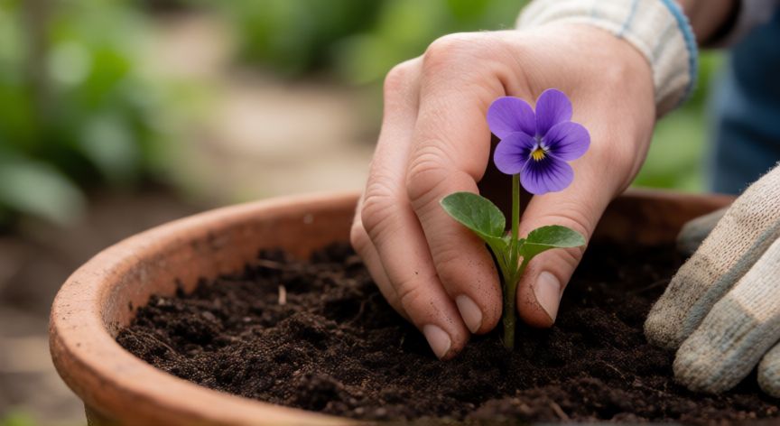 como sembrar violetas, Manos plantando un esqueje de violeta en una maceta con tierra rica