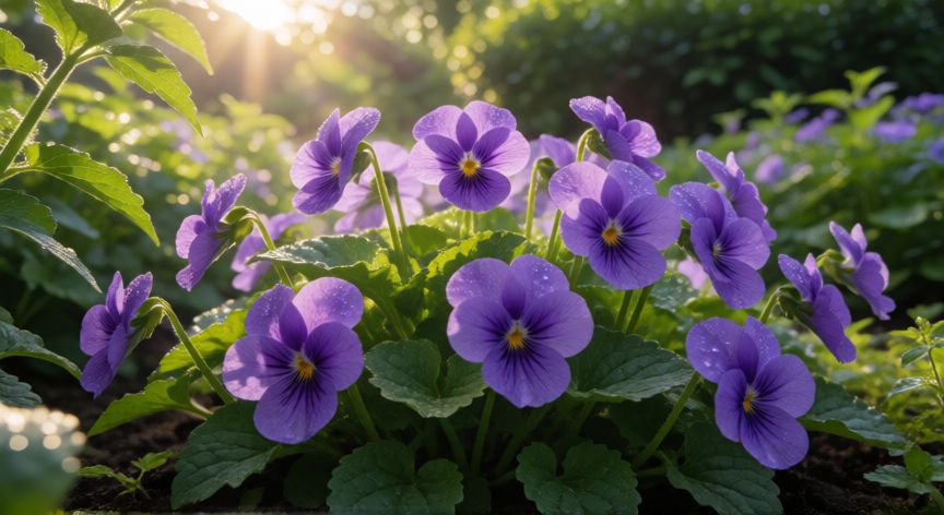 como sembrar violetas, Ramo de flores violetas floreciendo en un jardín con luz de mañana