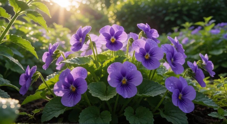 como sembrar violetas, Ramo de flores violetas floreciendo en un jardín con luz de mañana