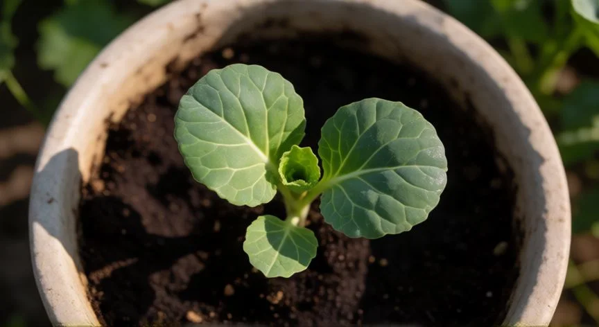 como sembrar walusa, Brote joven de walusa en maceta con tierra húmeda