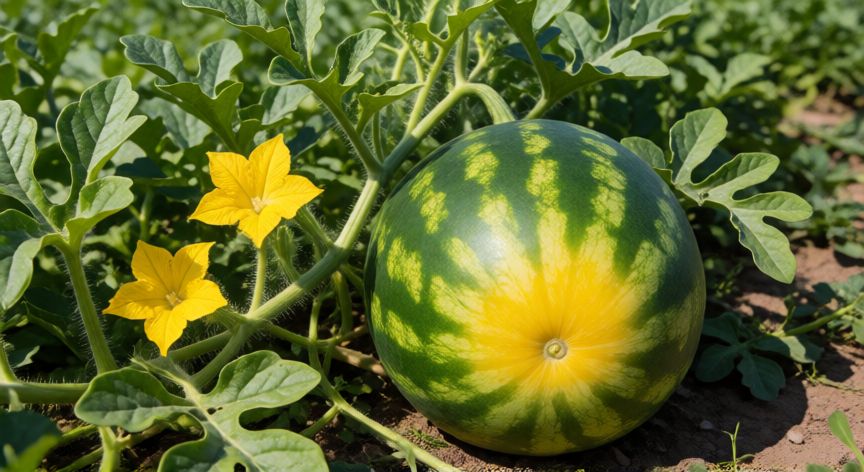 como sembrar watermelon, Planta de sandía madura con fruto listo para cosecha en el campo