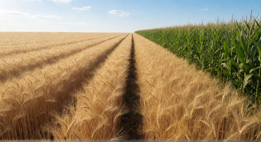 cómo sembrar whisky, Campo de cebada y maíz listo para la cosecha, materia prima del whisky