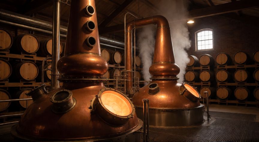 cómo sembrar whisky, Alambiques de cobre en una destilería tradicional durante la destilación del whisky