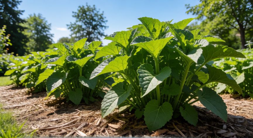 como sembrar wiki, Plantas de wiki sanas creciendo en un huerto soleado