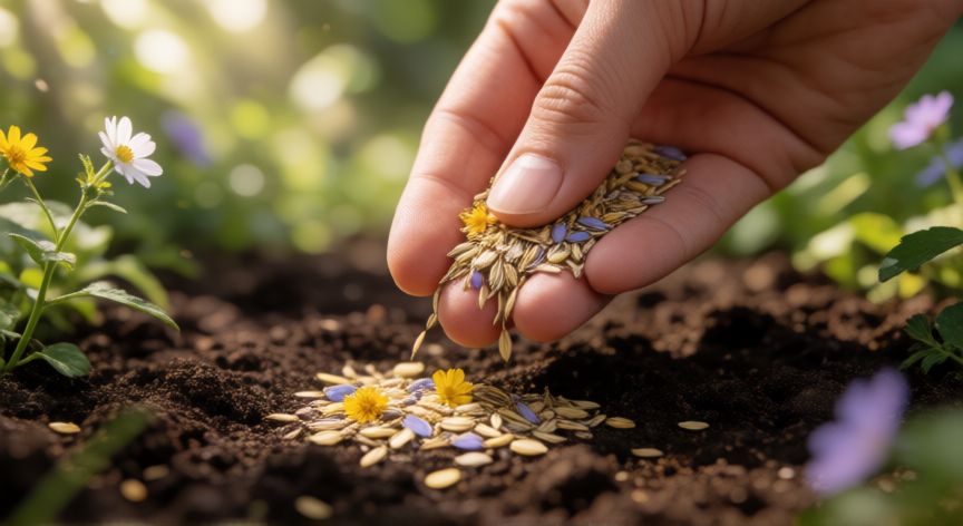 como sembrar wildflowers, Mano esparciendo semillas de flores silvestres sobre suelo preparado
