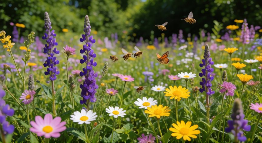 como sembrar wildflowers, Prado vibrante con flores silvestres en floración y polinizadores