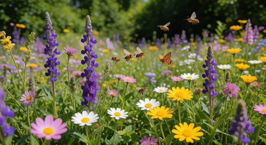 como sembrar wildflowers, Prado vibrante con flores silvestres en floración y polinizadores