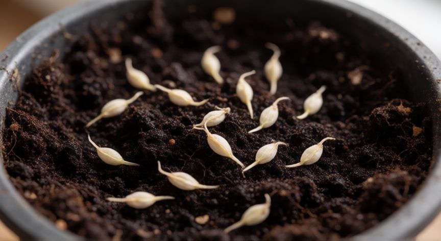 como sembrar wisteria, Semillas de wisteria recién sembradas en sustrato húmedo listo para germinar