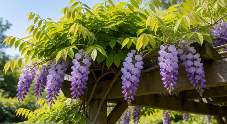 como sembrar wisteria, Planta de wisteria madura con flores moradas trepando por una pérgola de madera en un jardín soleado