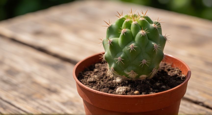 como sembrar xoconostle, Brote joven de xoconostle en maceta con sustrato arenoso