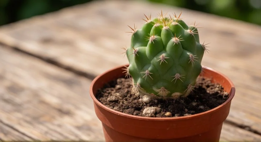Brote joven de xoconostle en maceta con sustrato arenoso