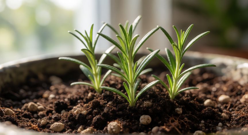 como sembrar y cuidar una planta de romero, Brotes de romero recién germinados en una maceta con sustrato arenoso y bien drenado