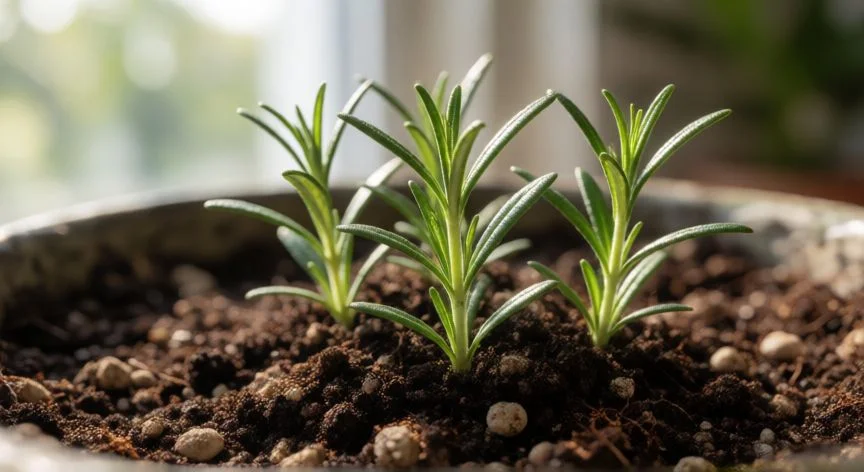 Brotes de romero recién germinados en una maceta con sustrato arenoso y bien drenado