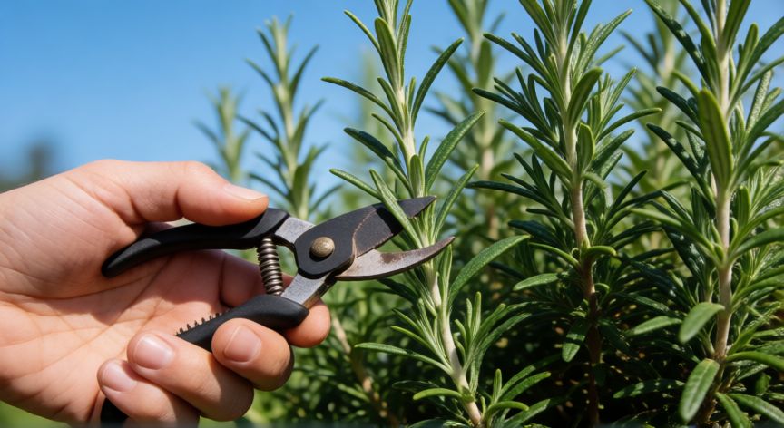 como sembrar y cuidar una planta de romero, Manos podando con tijeras de jardín las puntas de una mata de romero sana y verde
