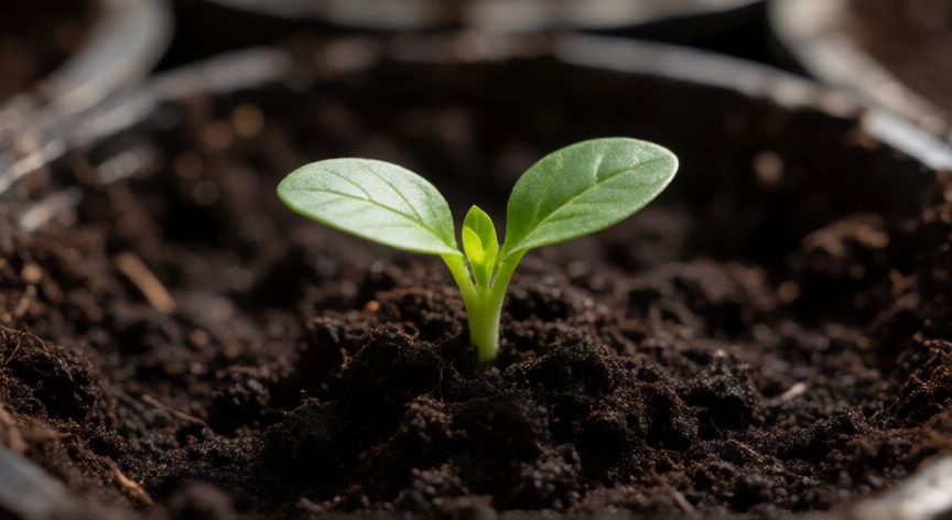 como sembrar yaca, Plántula joven de yaca germinando en maceta con sustrato húmedo