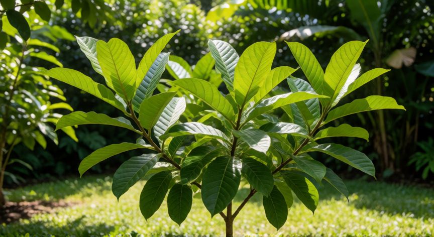 como sembrar yaca, Árbol joven de yaca o guabaña con hojas verdes en un jardín tropical
