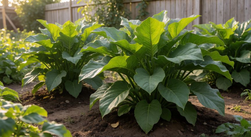 como sembrar yacon, Planta de yacon madura con hojas verdes en un jardín soleado
