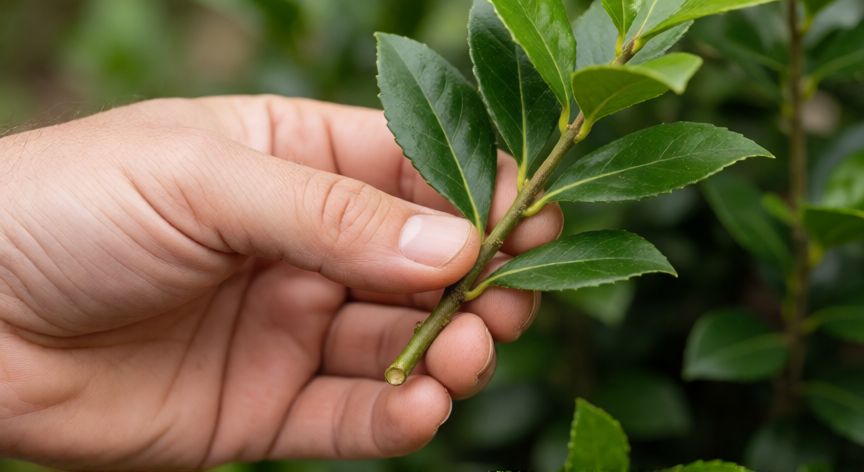 como sembrar yerba mate, Mano sosteniendo un esqueje de yerba mate listo para enraizar