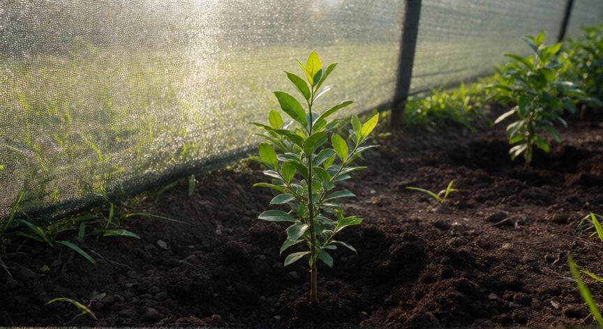 como sembrar yerba mate, Joven planta de yerba mate recién sembrada en suelo rico con sombra parcial