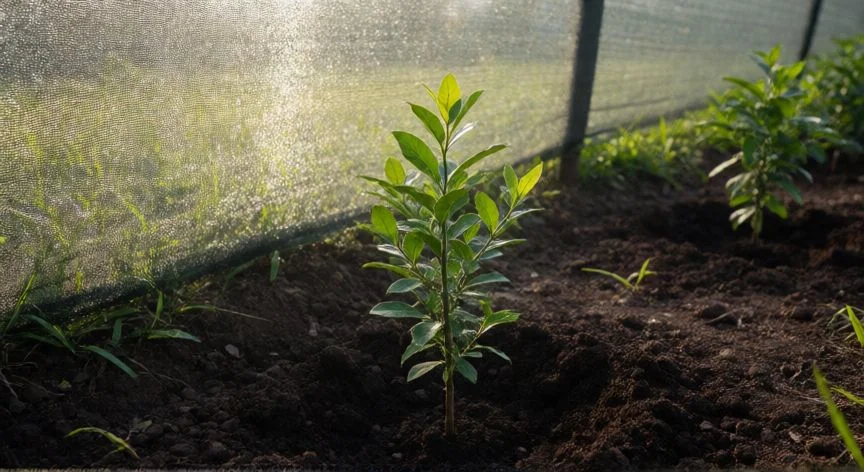 como sembrar yerba mate, Joven planta de yerba mate recién sembrada en suelo rico con sombra parcial