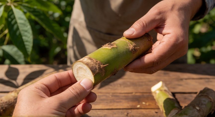 como sembrar yuca, Esqueje de yuca preparado para la siembra en campo