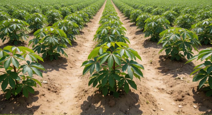 como sembrar yuca, Campo de cultivo de yuca con suelo arenoso y plantas jóvenes