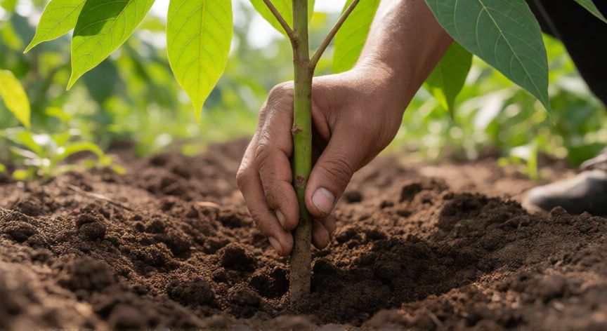como sembrar yuca de cogollo, Manos plantando una estaca de yuca en la tierra