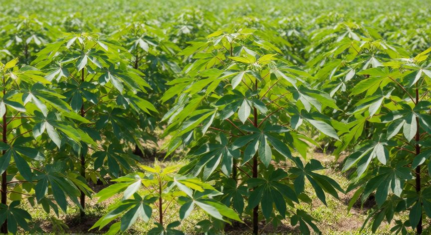 como sembrar yuca de cogollo, Campo de yuca en crecimiento con hojas verdes