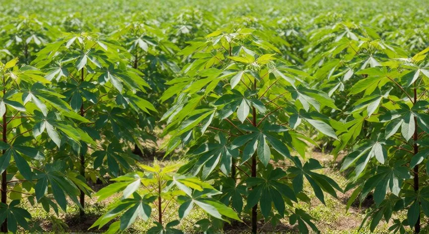 como sembrar yuca de cogollo, Raíces de yuca recién cosechadas en mercado rural, tierra y hojas verdes