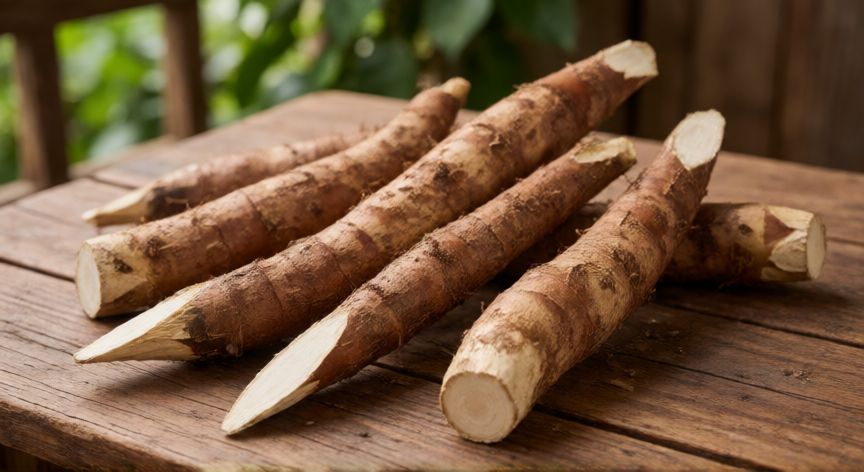 como sembrar yuca en casa, Estacas de yuca secándose sobre una mesa de madera