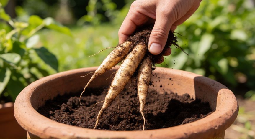 como sembrar yuca en casa, Manos cosechando raíces de yuca de una maceta de terracota