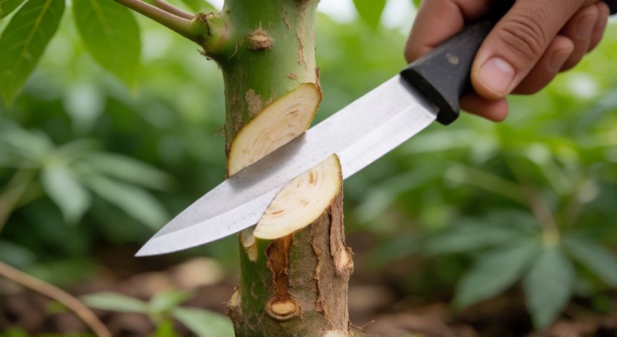 como sembrar yuca sin semilla, Corte de tallo de yuca sano para preparar esqueje