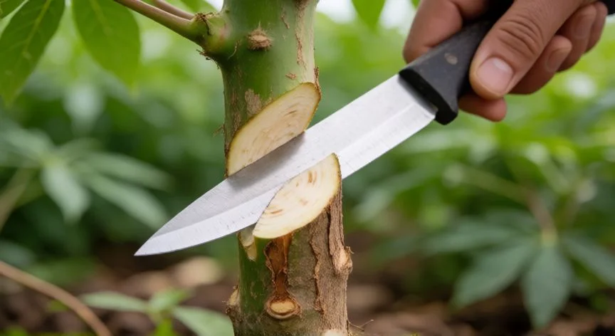 Corte de tallo de yuca sano para preparar esqueje