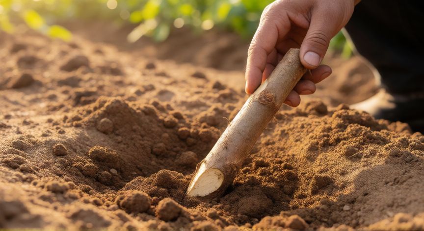 como sembrar yuca sin semilla, Proceso de siembra de un esqueje de yuca en el suelo arenoso