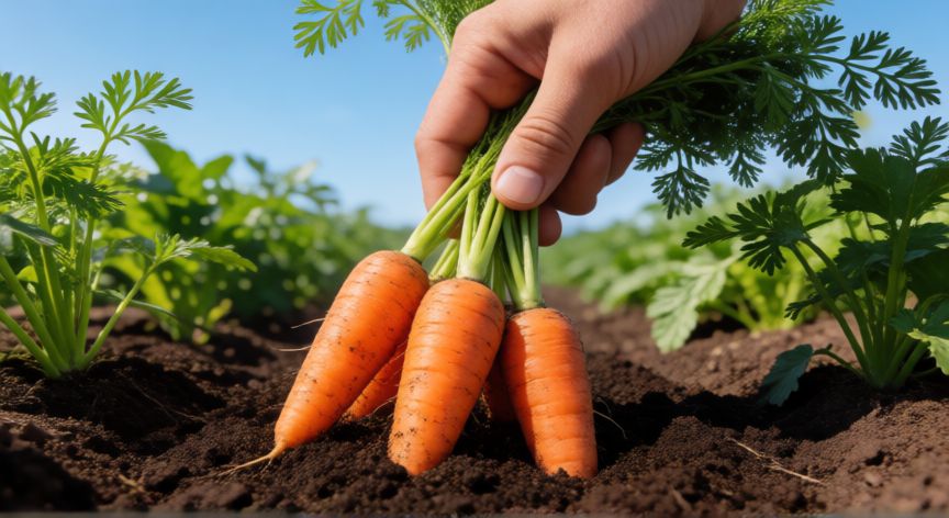 como sembrar zanahoria con semilla, Cosecha de zanahorias frescas en un huerto soleado