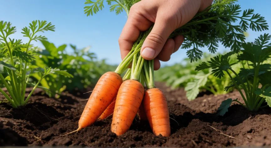 como sembrar zanahoria con semilla, Cosecha de zanahorias frescas en un huerto soleado