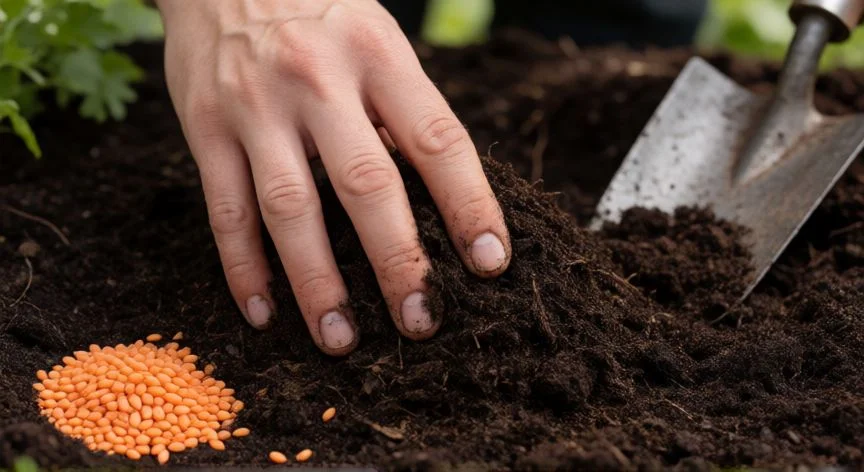 Preparación del suelo con compost para la siembra de zanahorias