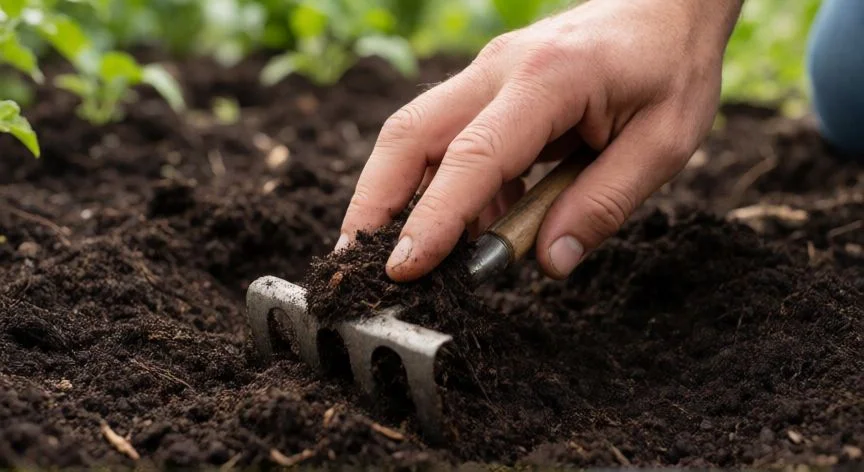 Preparación del suelo para sembrar zanahorias con tierra suelta y compost
