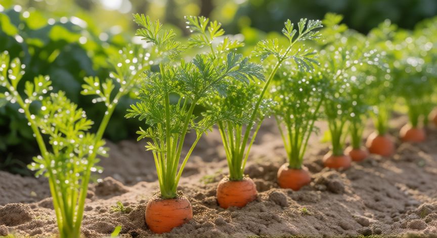 como sembrar zanahorias, Plántulas jóvenes de zanahoria creciendo en una cama de cultivo soleada